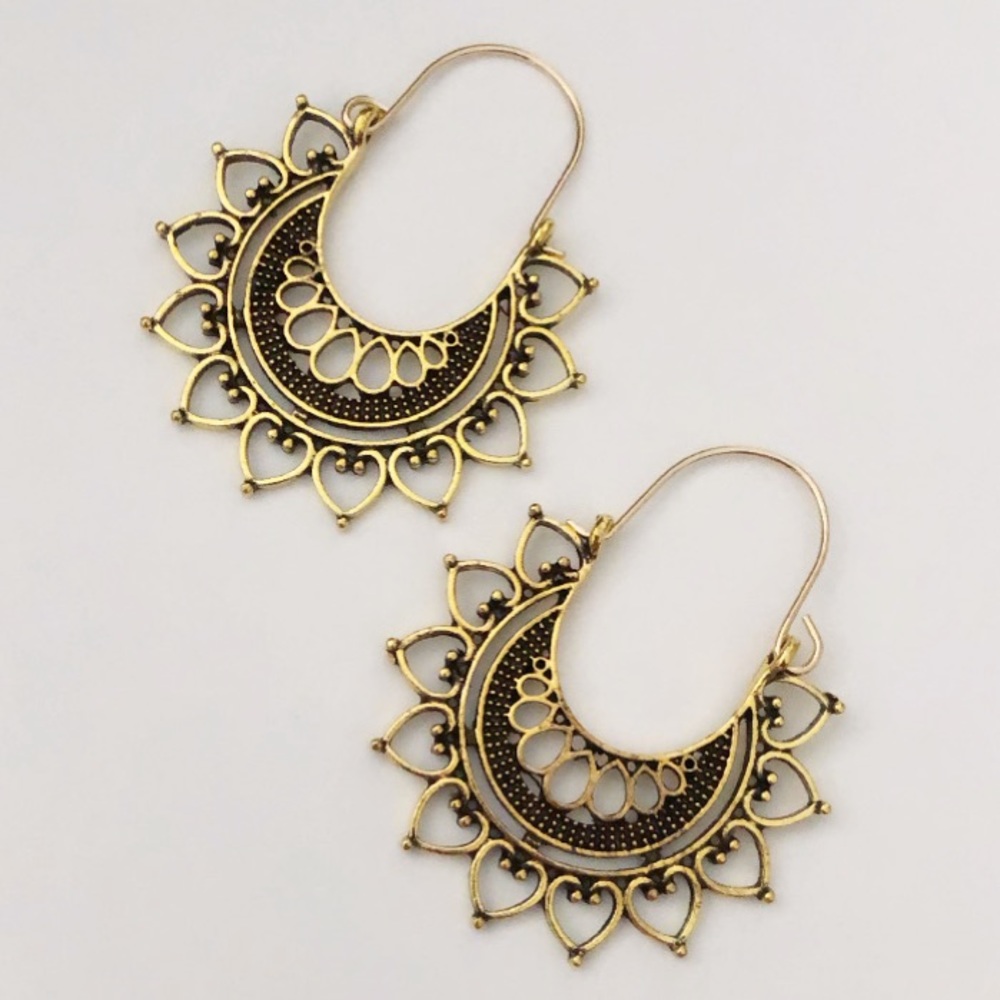 Boho Cutout etched Drop hoop earrings vintage